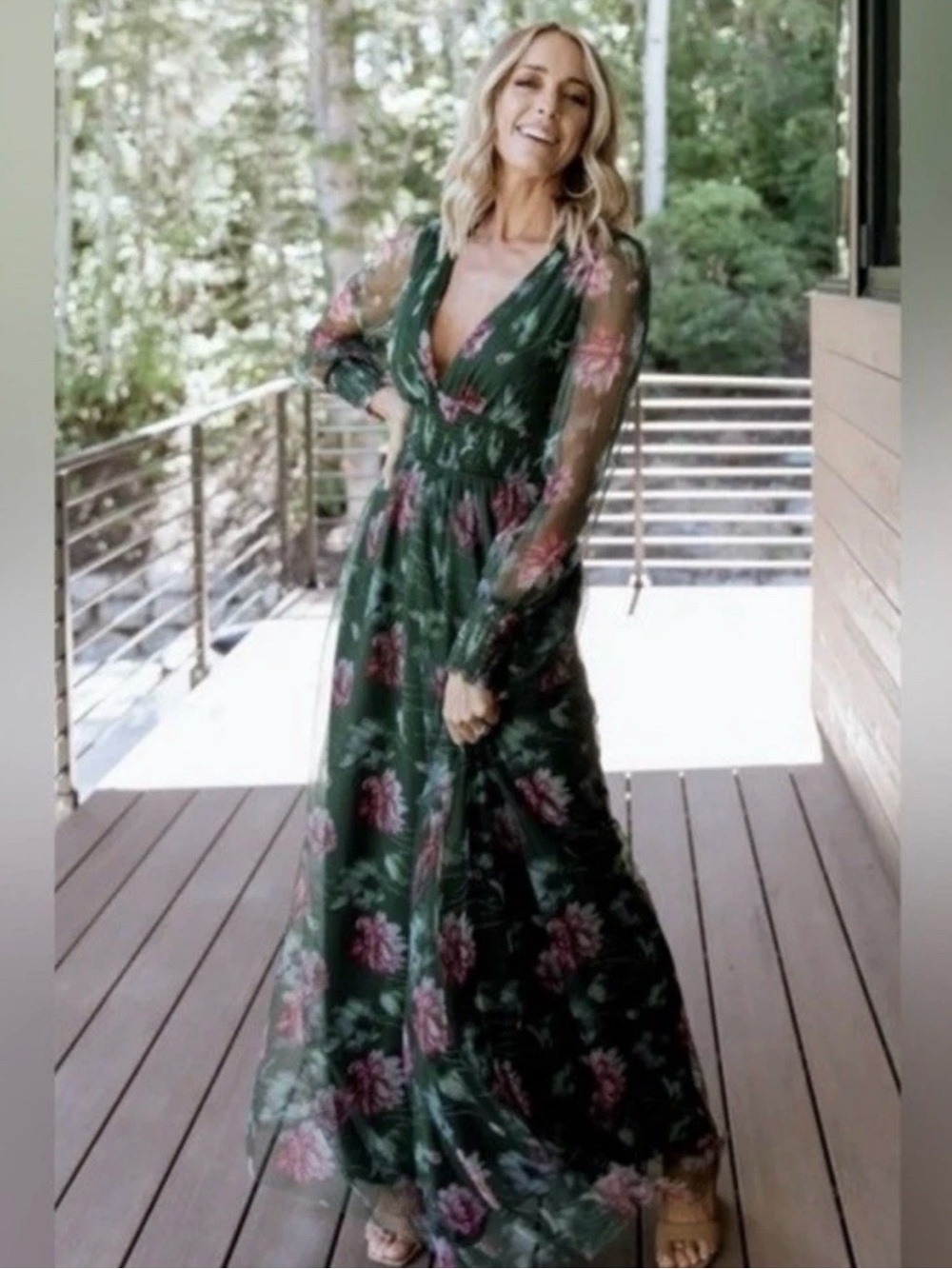 Baltic Born Layla Tulle Maxi Dress Long Sleeve Floral Print Green & Pink Wedding